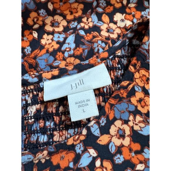 J Jill Floral Blouse Tiered Tunic Boho Cottage Smocked Long Sleeve Womens Large - Picture 2 of 8